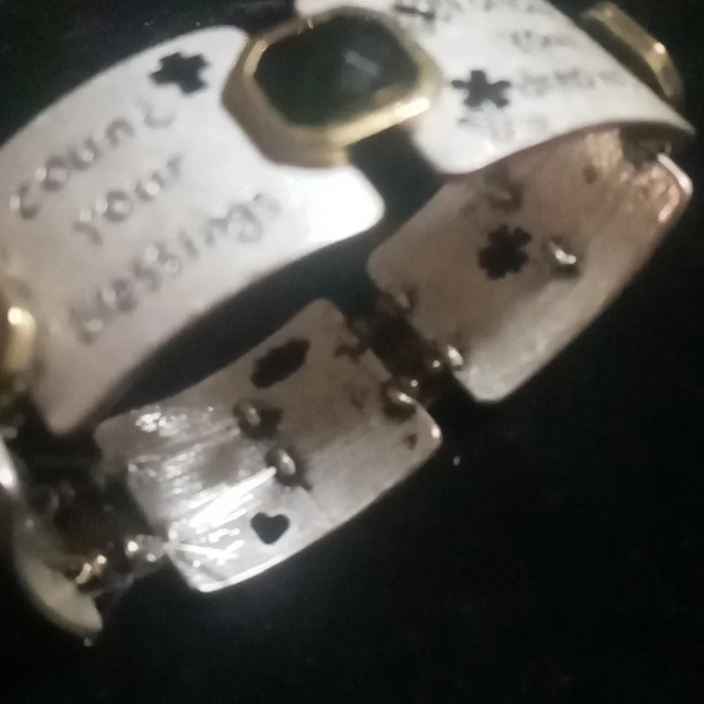 Silver Inspirational Expandable Bracelet with Black & Gold Accents Gems.
